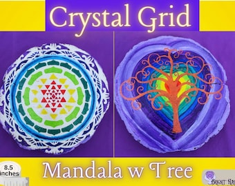 Tree of Life, Rainbow Mandala, Crystal Grid handmade woodcut mandala, double sided, spiritual gift, 7 chakra crystals included
