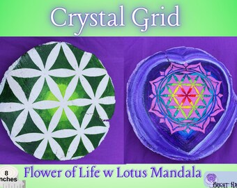 Flower of Life, Lotus Mandala, Crystal Grid handmade woodcut mandala, double sided, spiritual gift, 7 chakra crystals included