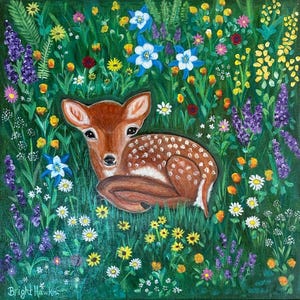 Vibrant Hand-Painted Baby Deer (fawn) in wildflowers Acrylic Art 24 by 24 inches