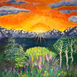 Vibrant Hand-Painted Mountain Sunset Acrylic Art 24 by 24 inches