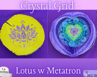 Lotus, Metatron Mandala, Crystal Grid handmade woodcut mandala, double sided, spiritual gift, 7 chakra crystals included