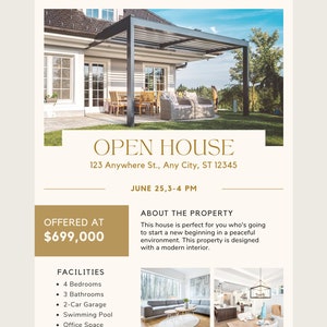 May include: Open house announcement for a modern home with 4 bedrooms, 3 bathrooms, a 2-car garage, a swimming pool, office space, and a garden. The home is offered at $699,000. The open house is scheduled for June 25th from 3 to 4 PM.