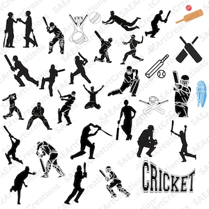 Paquete de siluetas de cricket, SVG de cricket, PSL, cricket, bate de cricket, jugador de cricket, vector de cricket, jugador de cricket, forma de cricket, descarga digital