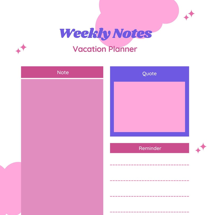 Pu&ograve; includere: Un pianificatore di vacanze bianco con accenti rosa e viola. Il testo "Weekly Notes" &egrave; in scrittura viola e "Vacation Planner" &egrave; sotto. Il pianificatore include sezioni per note, citazioni e promemoria.