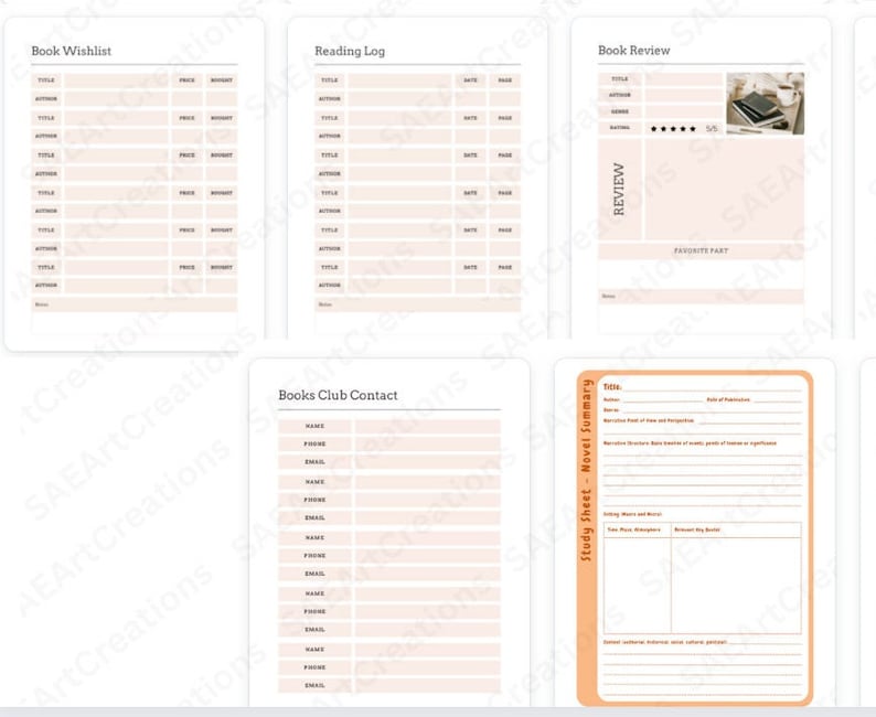 May include: A printable book lover's journal with sections for a book wishlist, reading log, book review, books club contact, and a study sheet for novel summaries. The journal has a peach background with black text.