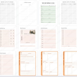 May include: A printable reading log with sections for book lists, reading log, book reviews, favorite quotes, books to buy, and book wishlists. The pages are designed with a minimalist aesthetic and feature a light brown and white color scheme.
