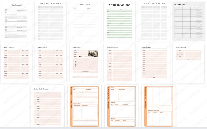May include: A printable reading log with sections for book lists, reading log, book reviews, favorite quotes, books to buy, and book wishlists. The pages are designed with a minimalist aesthetic and feature a light brown and white color scheme.