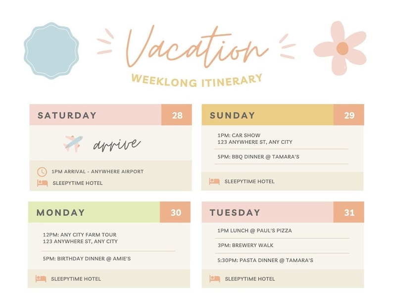 Pu&ograve; includere: Un itinerario di vacanza dai colori pastello con il titolo "Vacation Weeklong Itinerary". Il programma prevede attivit&agrave; come un'esposizione di auto, una cena barbecue, un tour della fattoria e una passeggiata in birreria. Le date sono dal 28 al 31.
