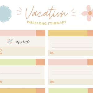 Pu&ograve; includere: Un modello di itinerario di vacanza dai colori pastello con le parole "Vacation WEEKLONG ITINERARY" in un font scritto a mano. Il modello include caselle per i piani giornalieri, con illustrazioni di un aereo, un orologio e un letto.