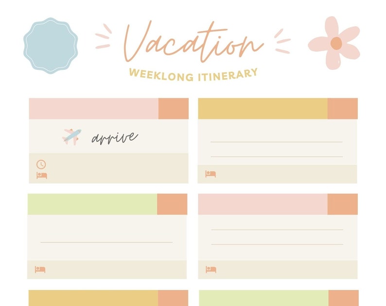 Pu&ograve; includere: Un modello di itinerario di vacanza dai colori pastello con le parole "Vacation WEEKLONG ITINERARY" in un font scritto a mano. Il modello include caselle per i piani giornalieri, con illustrazioni di un aereo, un orologio e un letto.