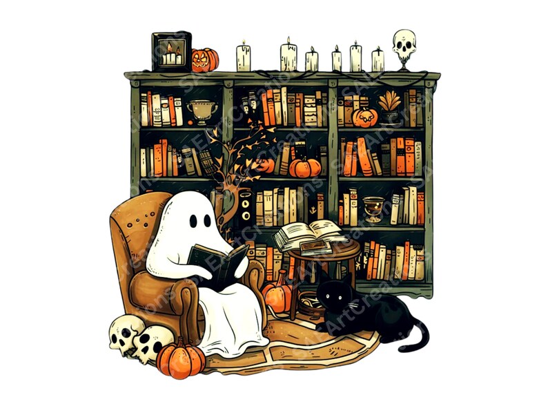 Puede incluir: Un fantasma blanco leyendo un libro en un sill&oacute;n marr&oacute;n frente a una estanter&iacute;a llena de libros. Hay calabazas, velas y un gato negro en el suelo.