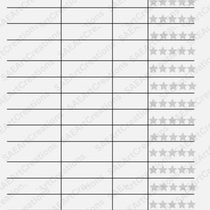 May include: A black and white printable reading list tracker with columns for author, start date, end date, and rating. The rating column has five stars for each row.