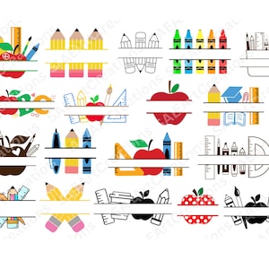 Può includere: Una collezione di grafiche a tema scolastico con matite, pastelli, mele, righelli e altri materiali scolastici. Ogni design include uno spazio per il testo. I design sono in vari colori e stili.