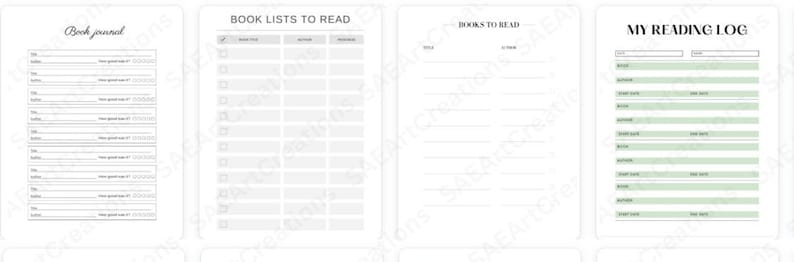 May include: Four printable pages for a book journal. The first page is titled "Book Journal" and has lines for the book title, author, genre, date started, date finished, and a rating. The second page is titled "Book Lists to Read" and has checkboxes and lines for book title, author, and notes. The third page is titled "Books to Read" and has lines for the book title and author. The fourth page is titled "My Reading Log" and has lines for the book title, author, start date, and finish date.