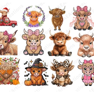 May include: A collection of whimsical Highland cow illustrations. Each cow is depicted in a unique style, with accessories like bows, hats, and seasonal themes. The artwork features a variety of colors and poses, suitable for stickers or prints.
