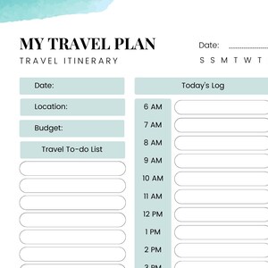 Pu&ograve; includere: Un pianificatore di itinerario di viaggio bianco con il testo "MY TRAVEL PLAN" e "TRAVEL ITINERARY" in nero. Include sezioni per data, luogo, budget e una lista di cose da fare, insieme a un registro giornaliero dalle 6:00 alle 15:00. Un design ad acquerello turchese &egrave; nell'angolo in alto a sinistra.