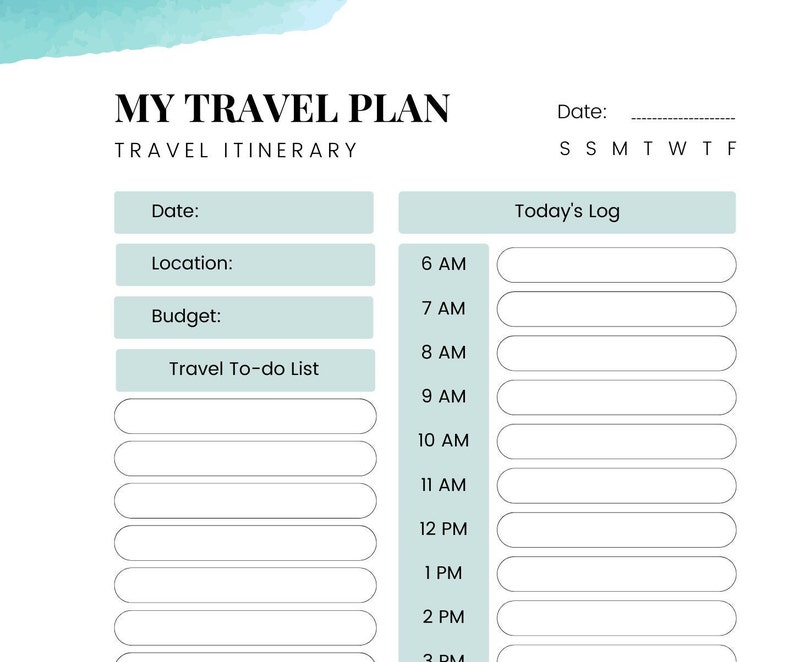 Pu&ograve; includere: Un pianificatore di itinerario di viaggio bianco con il testo "MY TRAVEL PLAN" e "TRAVEL ITINERARY" in nero. Include sezioni per data, luogo, budget e una lista di cose da fare, insieme a un registro giornaliero dalle 6:00 alle 15:00. Un design ad acquerello turchese &egrave; nell'angolo in alto a sinistra.