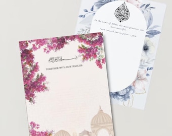 May include: Two wedding invitation cards. One card features a floral design with pink flowers and the text "TOGETHER WITH OUR FAMILIES". The other card has a floral design with text in Arabic and English, including a quote.