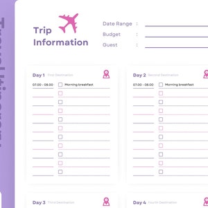 Pu&ograve; includere: Un modello di itinerario di viaggio viola e bianco con le parole "Trip Information" e una grafica di aeroplano rosa. L'itinerario include sezioni per l'intervallo di date, il budget e i dettagli degli ospiti, oltre agli orari giornalieri.