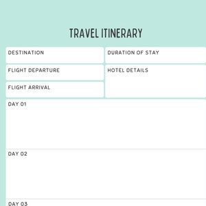 Pu&ograve; includere: Un modello di itinerario di viaggio verde acqua chiaro con le parole "TRAVEL ITINERARY" in alto. Il modello include sezioni per la destinazione, i dettagli del volo e i programmi giornalieri. Il design &egrave; semplice e pulito, perfetto per organizzare i viaggi.