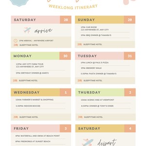 Pu&ograve; includere: Un itinerario di vacanza di una settimana per dicembre 2022, con programmi giornalieri. Il design presenta colori pastello, un accento floreale e la parola "Vacation" in corsivo. Include attivit&agrave; come mostre di auto ed escursioni.