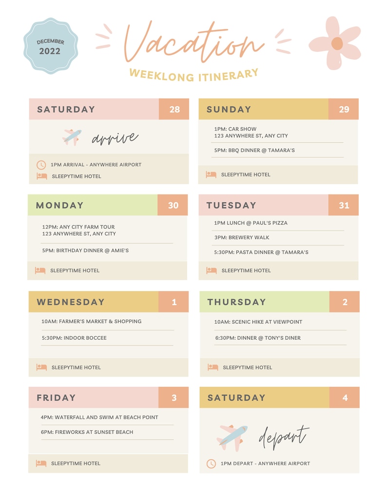 Pu&ograve; includere: Un itinerario di vacanza di una settimana per dicembre 2022, con programmi giornalieri. Il design presenta colori pastello, un accento floreale e la parola "Vacation" in corsivo. Include attivit&agrave; come mostre di auto ed escursioni.