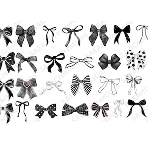 May include: Collection of various bow illustrations in black and white. The bows vary in style, including solid, patterned, and outlined designs. Some bows have textured shading, while others are simple line drawings.