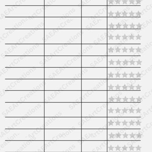 May include: A black and white printable reading list tracker with columns for author, start date, end date, and rating. The rating column has five stars for each row.
