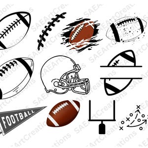 May include: A set of black and white football-themed illustrations, including a football, a helmet, a goal post, a pennant, and a play diagram. The illustrations are perfect for creating custom designs for t-shirts, mugs, and other products.