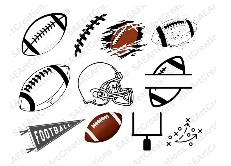May include: A set of black and white football-themed illustrations, including a football, a helmet, a goal post, a pennant, and a play diagram. The illustrations are perfect for creating custom designs for t-shirts, mugs, and other products.