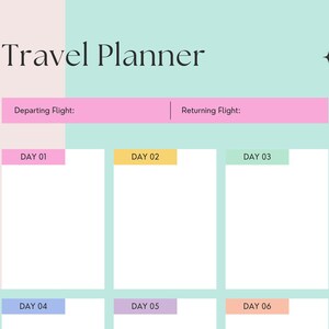 Pu&ograve; includere: Un pianificatore di viaggio dai colori pastello con il titolo "Travel Planner". Presenta sezioni per i voli di andata e ritorno, e sei giorni per la pianificazione. La combinazione di colori include rosa, giallo e verde menta.