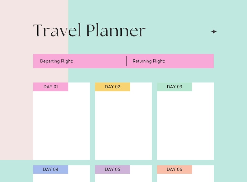 Pu&ograve; includere: Un pianificatore di viaggio dai colori pastello con il titolo "Travel Planner". Presenta sezioni per i voli di andata e ritorno, e sei giorni per la pianificazione. La combinazione di colori include rosa, giallo e verde menta.