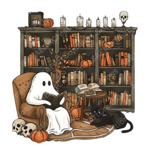 Puede incluir: Un fantasma blanco sentado en un sill&oacute;n marr&oacute;n leyendo un libro en una habitaci&oacute;n con una estanter&iacute;a llena de libros, velas, calabazas y un gato negro.