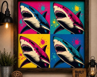 Shark Pop Art Print, Colorful Great White Wall Art, Square Ocean Poster, Retro Coastal Decor