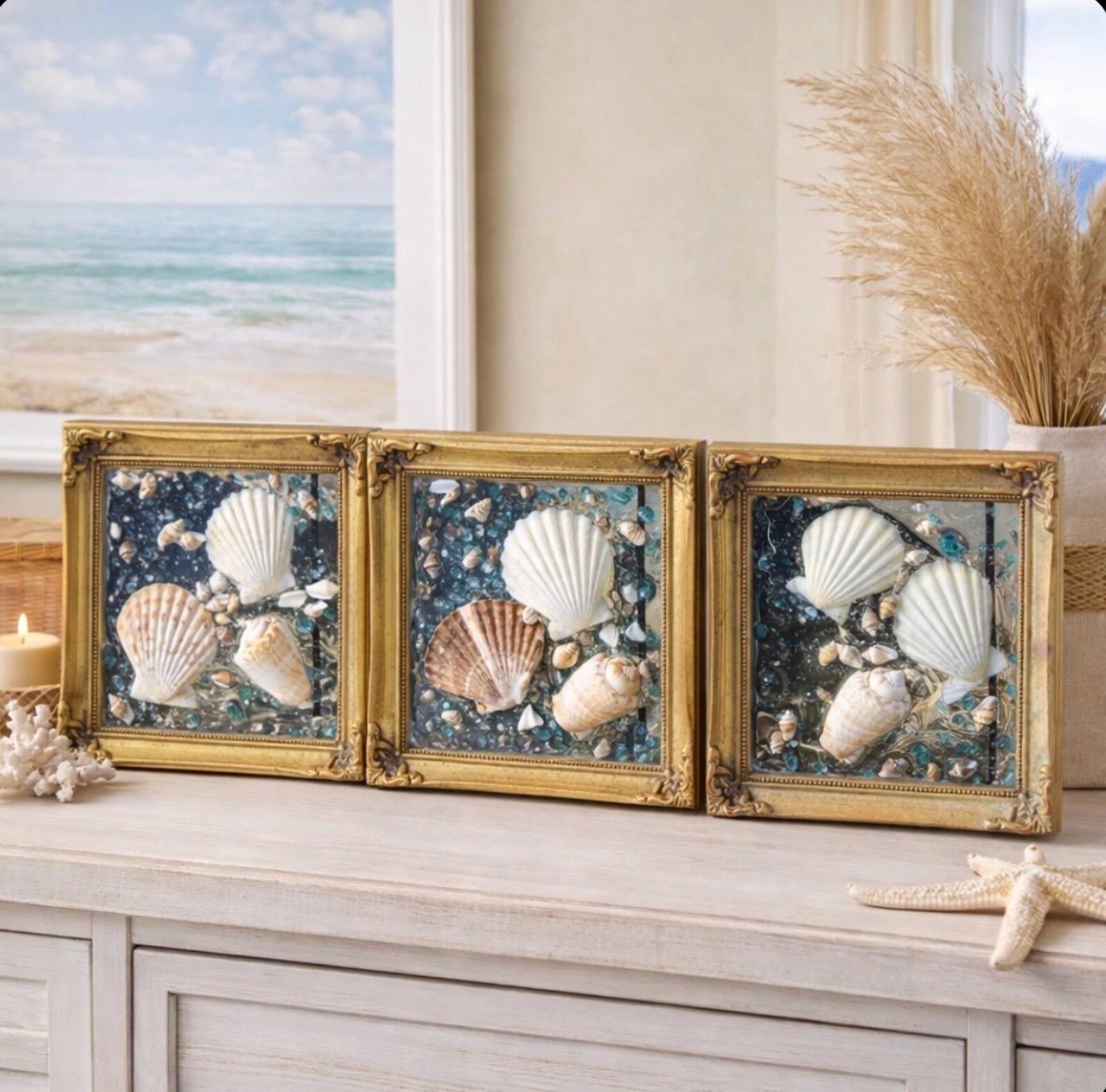 Set of 3 Coastal Art Shell Frames (6x6 Inch) - Etsy