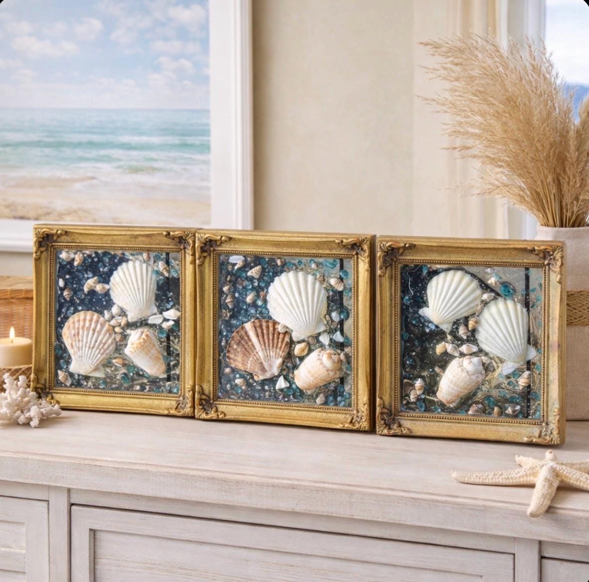 Set of 3 Coastal Art Shell Frames (6x6 Inch) - Etsy