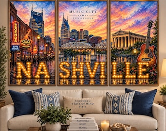May include: A triptych wall art set depicting the Nashville skyline at sunset. The panels feature neon signs, the Cumberland River, the Parthenon, and a guitar. Large, illuminated marquee letters spell out NASHVILLE across the bottom of the prints.