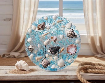 Seaglass & Shell Sun Catcher: Turquoise Coastal Decor (14 inch)