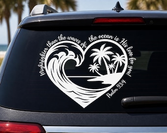 Ocean Wave hart sticker, Psalm 93:4 Christian Beach sticker, Coastal Faith autoraamsticker, Ocean is His Love