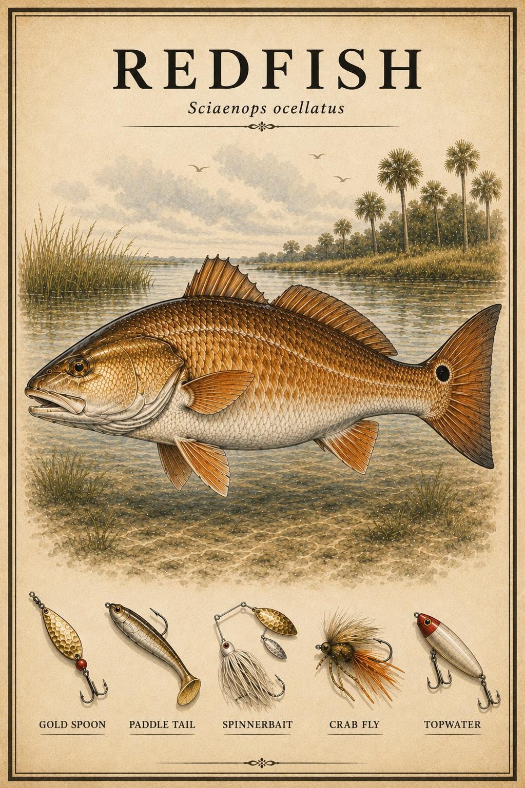 Redfish Coastal Fishing Print | Vintage Red Drum Wall Art