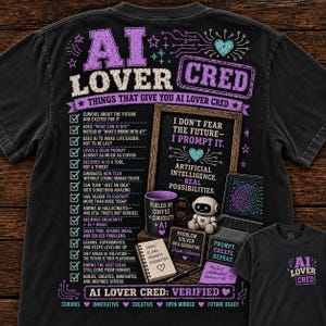 May include: A black t-shirt featuring a graphic design with the text AI LOVER CRED. The design includes a checklist of traits, a chalkboard with the text I DON'T FEAR THE FUTURE I PROMPT IT, a coffee mug, a small robot, a laptop, and a notebook.