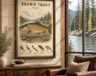Brown Trout Fishing Poster – Vintage Trout Wall Art – Fly Fishing Decor – Mountain Cabin Artwork – Angler Gift – Scientific Fish