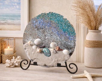 Seashell & Seaglass Ocean Wave Art - Coastal Decor (14 inch)
