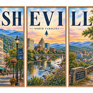 May include: A triptych wall art set depicting Asheville, North Carolina. The panels feature a street scene with the Grove theater, a river bridge with city buildings, and a mountain overlook with a stone wall and the text The Mountains Are Calling and I Must Go.