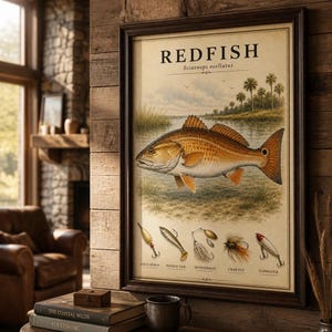May include: A framed vintage-style poster titled REDFISH Sciaenops ocellatus featuring a detailed illustration of a redfish swimming in water with palm trees in the background and five fishing lures labeled Gold Spoon, Paddle Tail, Spinnerbait, Crab Fly, and Topwater.