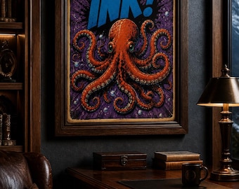 Vintage-Oktopus-Wandbild, Comic-Poster im Tusche-Stil, maritime Bürodekoration, Druck mit Meeresmotiven an der Küste, Ozean-Kunstwerk aus Dark Academia