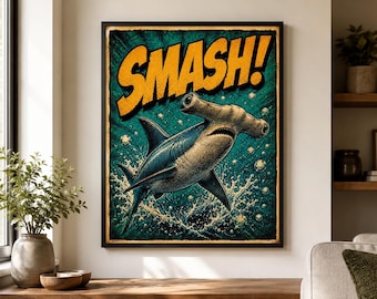 Hammerhead Shark Wall Art, Vintage Shark Poster, SMASH Comic Print, Ocean-Inspired Kids Room Decor, Coastal Sea Life Artwork