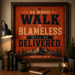 以下が含まれることがあります： HE WHOSE WALK IS BLAMELESS WILL BE DELIVEREDおよびPROVERBS 28:18のテキストが、質感のあるオレンジ色の背景に濃い青とクリーム色の文字で描かれた額入りウォールアート。山と松の木のグラフィックイラストが添えられています。