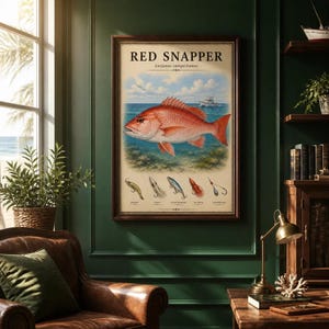 Red Snapper Fishing Poster – Vintage Saltwater Fish Print – Offshore Angler Wall Art – Beach House Decor – Scientific Illustration – Gulf