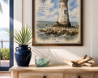 Póster con mapa de faros de Georgia / Arte mural de la costa de Georgia / Lámina de faro costero / Decoración de Tybee St Simons Cumberland Sapelo